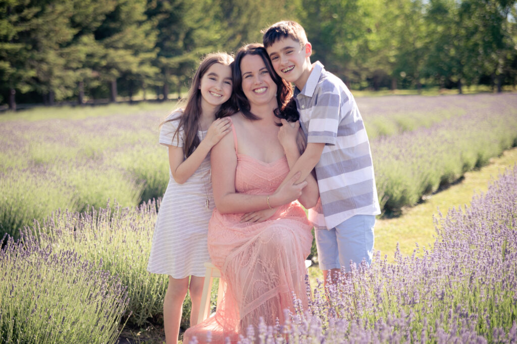 Mother and children during a professional lavender photo session.