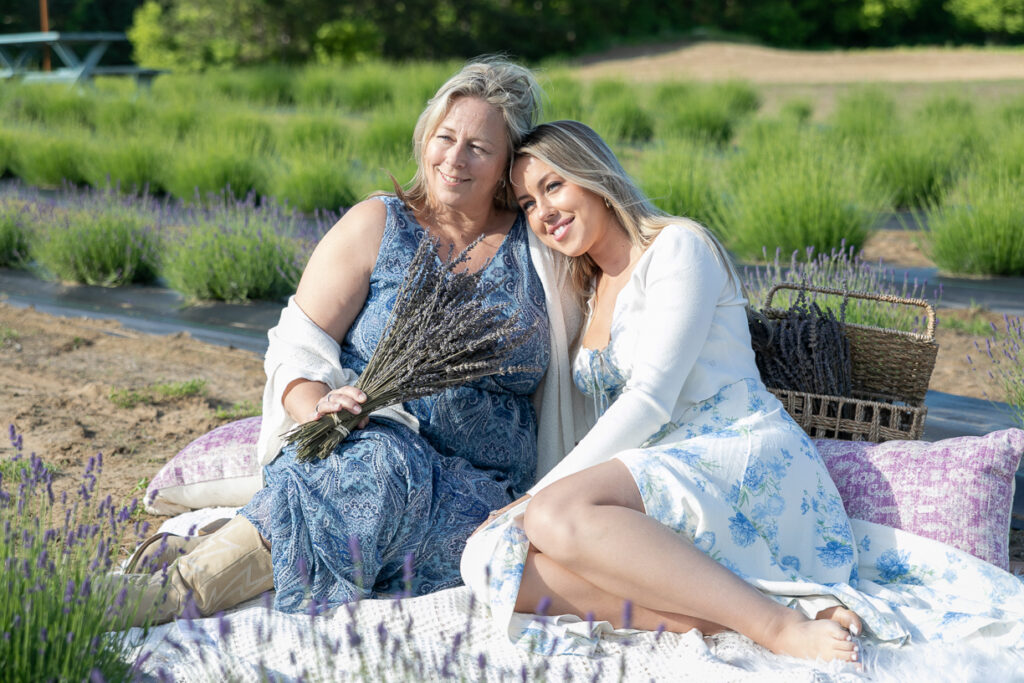 Mother and daughter enjoying a lavender field photography session.